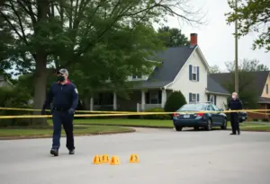 Police investigation with evidence markers in a neighborhood.