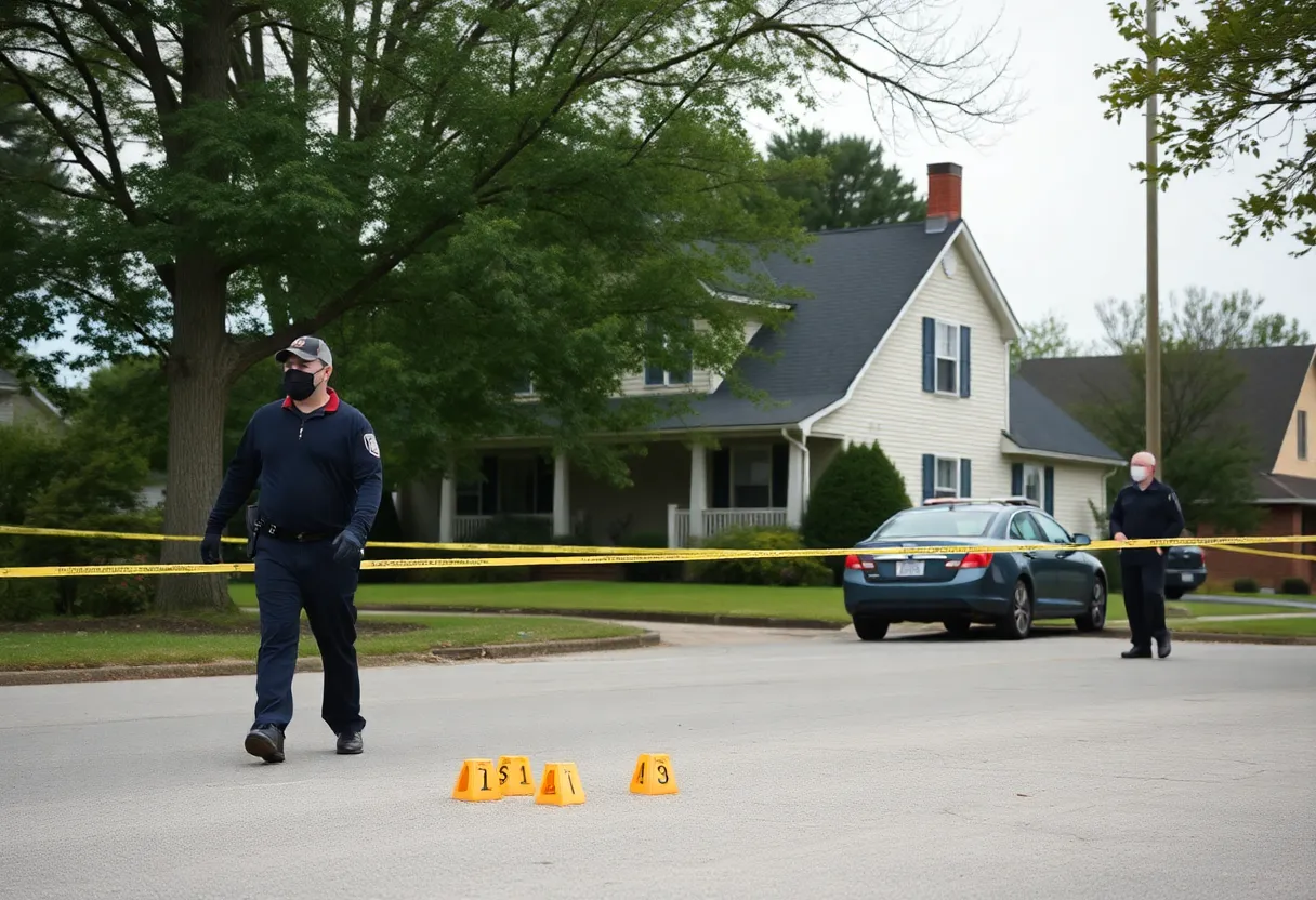 Police investigation with evidence markers in a neighborhood.