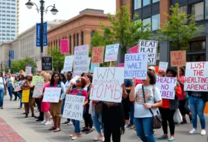 Protesters at the No Kings rally in Louisville holding signs for fair economic policies.