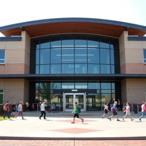 Modern school building in Louisville with students outside