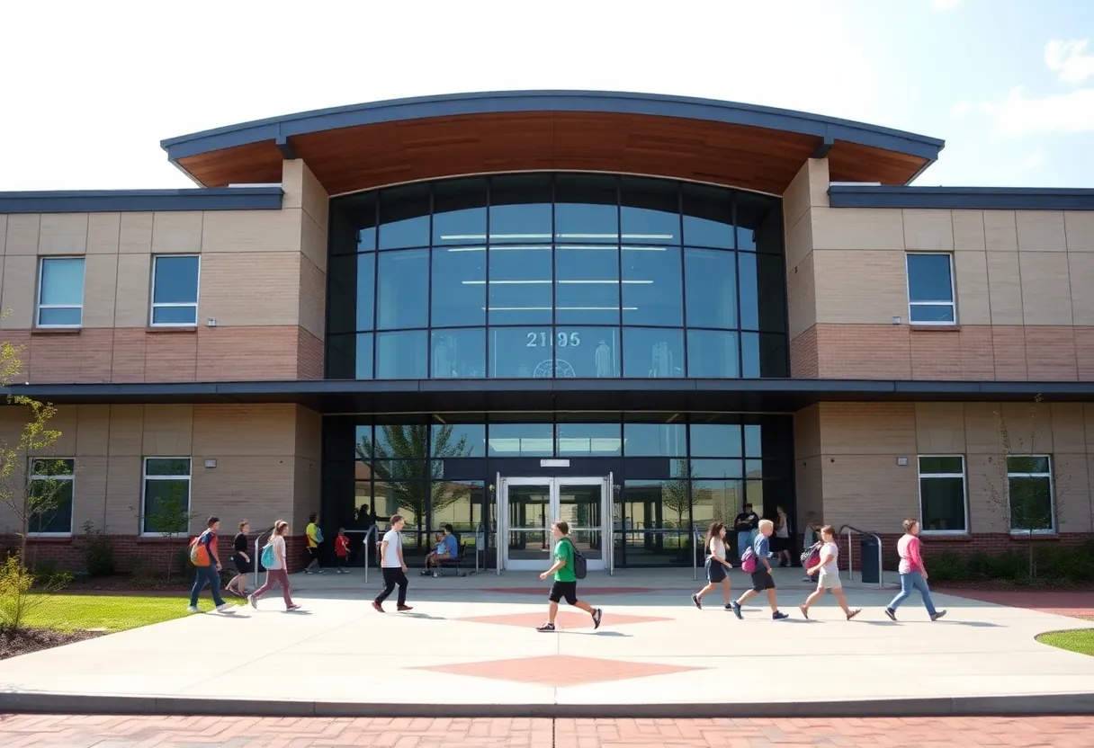 Modern school building in Louisville with students outside