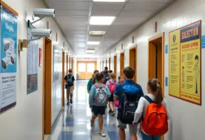 Students in a school hallway with safety measures visible, reflecting increased security awareness.