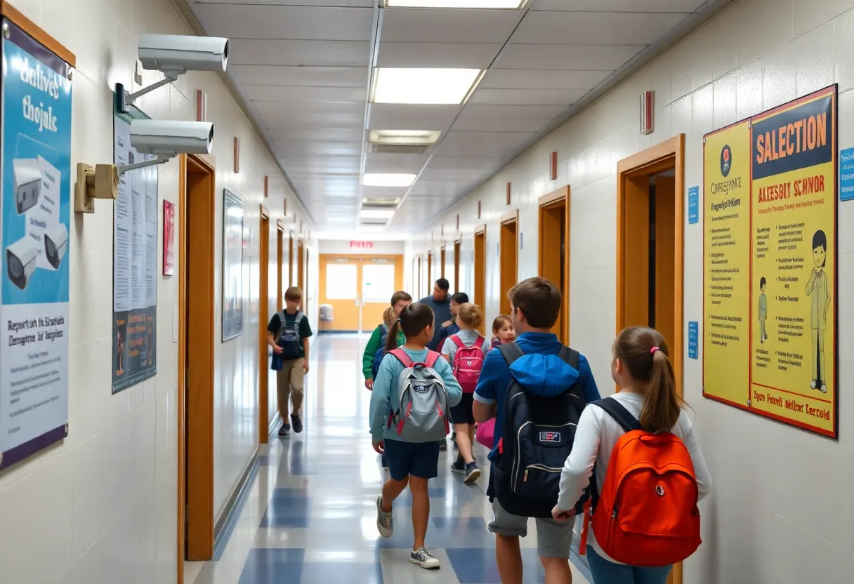Students in a school hallway with safety measures visible, reflecting increased security awareness.