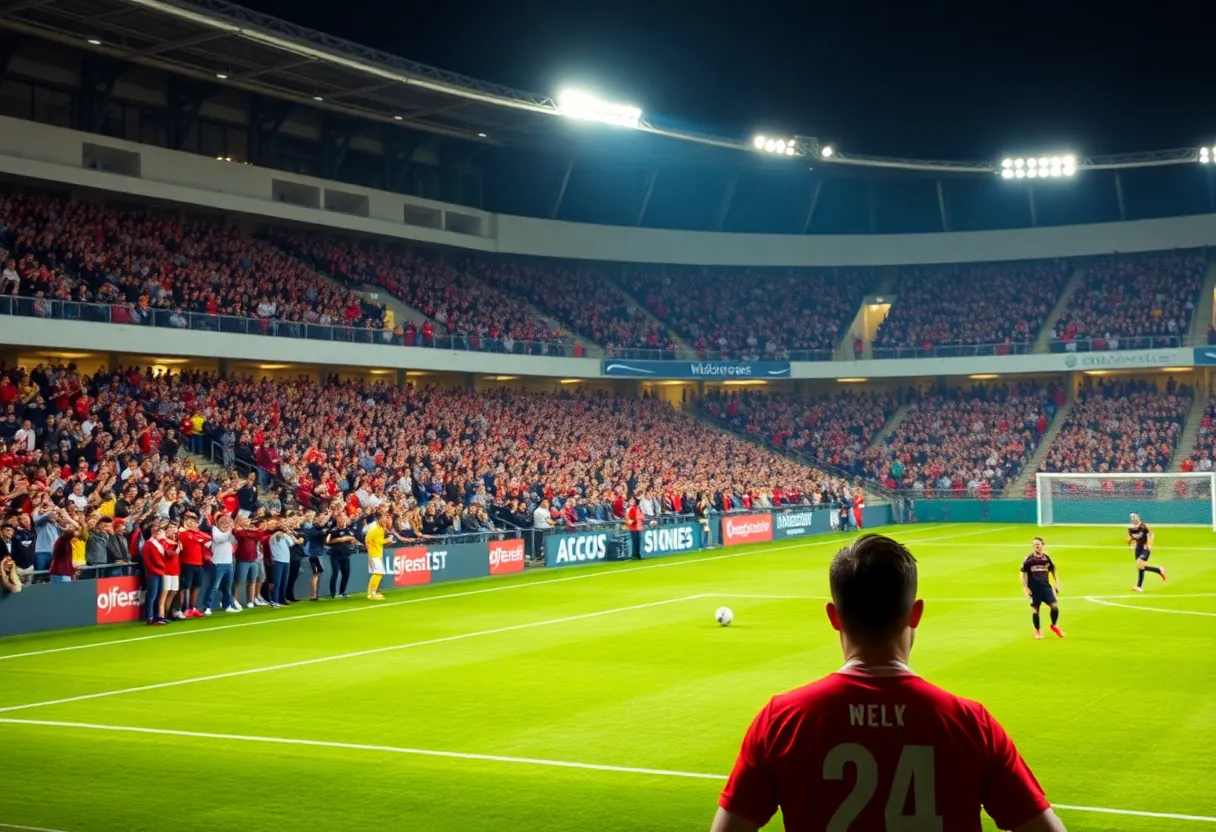 Soccer match with Louisville men's team celebrating a goal