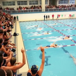 Swimmers competing at the Louisville swimming team's season opener at Ralph Wright Natatorium