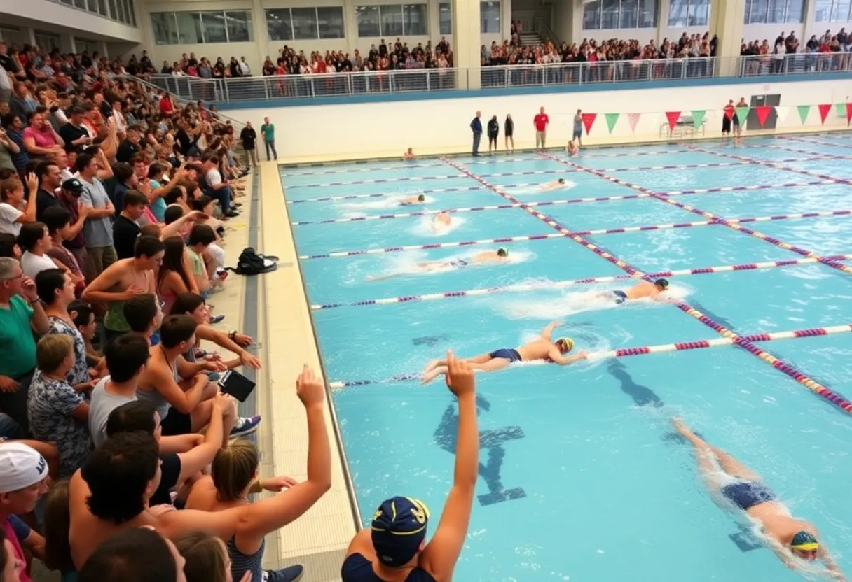 Swimmers competing at the Louisville swimming team's season opener at Ralph Wright Natatorium