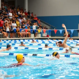 University of Louisville swimmers competing in a natatorium