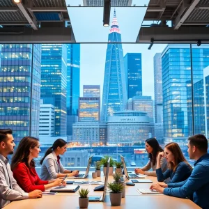 Louisville skyline with professionals in tech and healthcare sectors