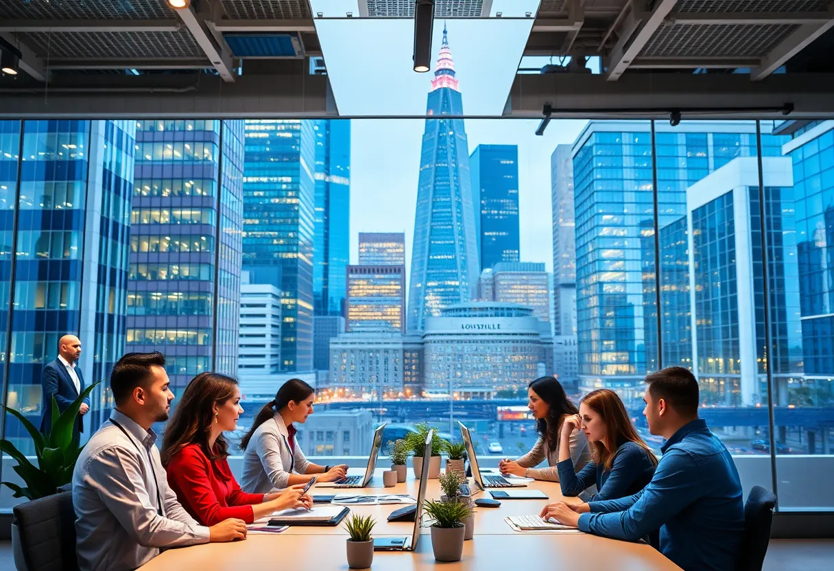Louisville skyline with professionals in tech and healthcare sectors