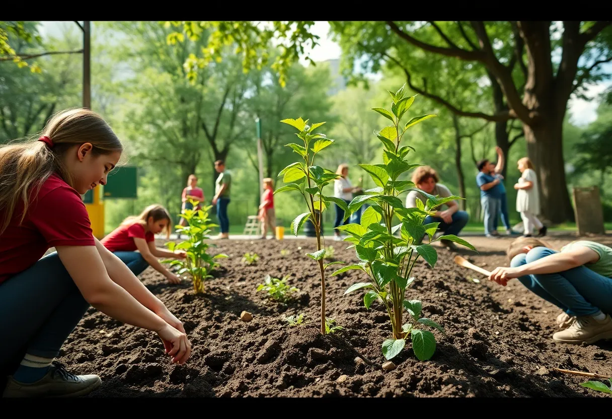 Community members participating in a tree planting event in Louisville parks.