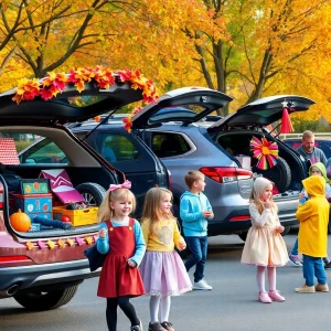 Families participating in trunk-or-treat events in Louisville with decorated trunks and games.