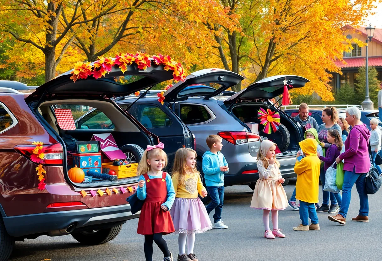 Families participating in trunk-or-treat events in Louisville with decorated trunks and games.