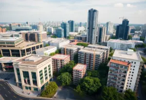 Aerial view of proposed mixed-use development in downtown Louisville