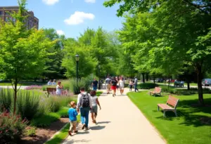 Louisville urban park with families enjoying outdoor activities