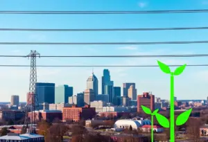Louisville skyline with power lines and green energy symbols