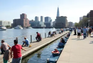Community members at the Louisville waterfront enjoying recreational activities.