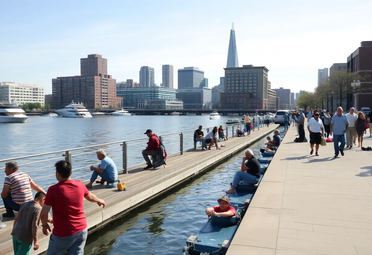 Community members at the Louisville waterfront enjoying recreational activities.