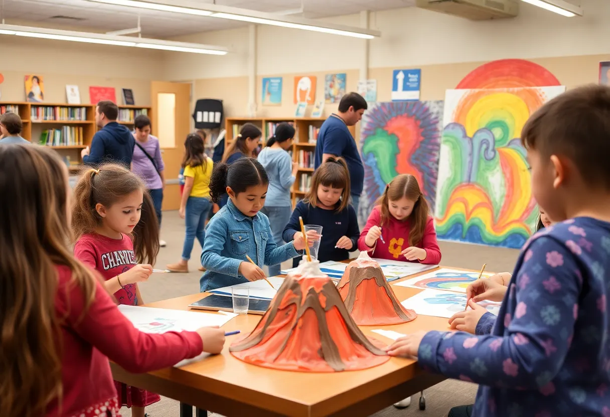 Families participating in art and science activities at the Louisville library.