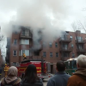 Firefighters battling a blaze in an apartment building in Louisville's Algonquin neighborhood.