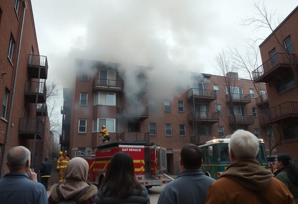 Firefighters battling a blaze in an apartment building in Louisville's Algonquin neighborhood.