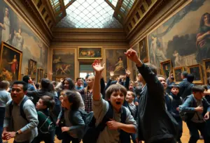 Students witnessing chaos during a heist at the Louvre Museum