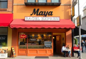 Exterior view of Maya Bagel Express with customers enjoying breakfast