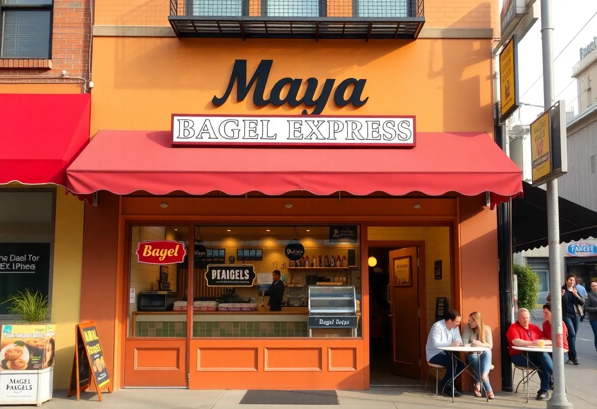 Exterior view of Maya Bagel Express with customers enjoying breakfast
