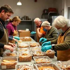 Volunteers preparing meals for seniors in Louisville