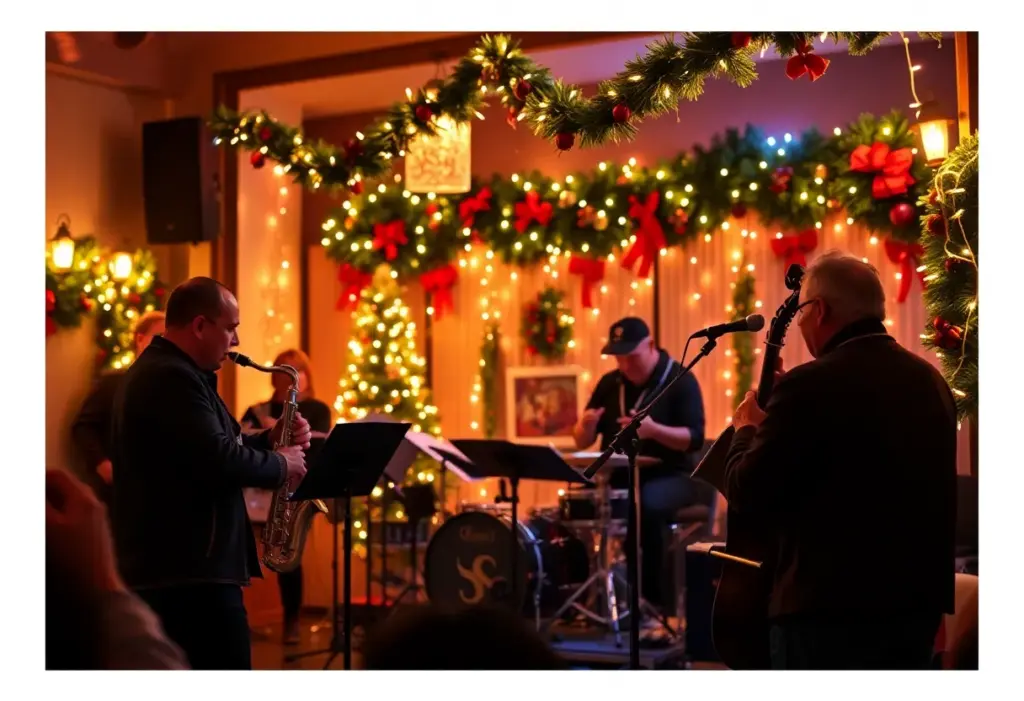 A jazz concert with holiday decorations.