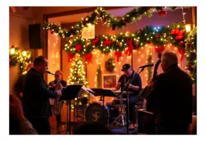 A jazz concert with holiday decorations.