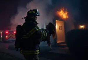 Firefighters rescuing a woman from a house fire