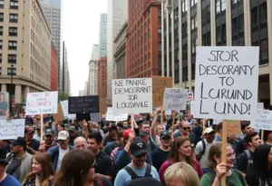 Demonstrators at the No Kings protest in Louisville holding signs