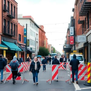 Construction barriers in NuLu neighborhood with active businesses and pedestrians