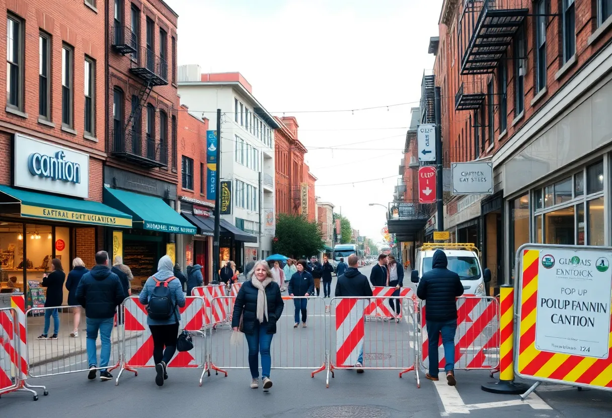 Construction barriers in NuLu neighborhood with active businesses and pedestrians
