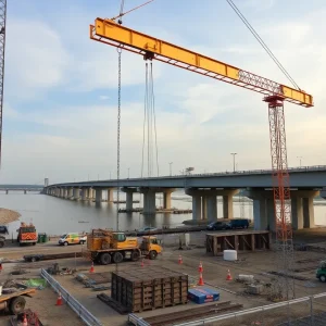 Construction of the Ohio River Bridges Project with support beam installation.