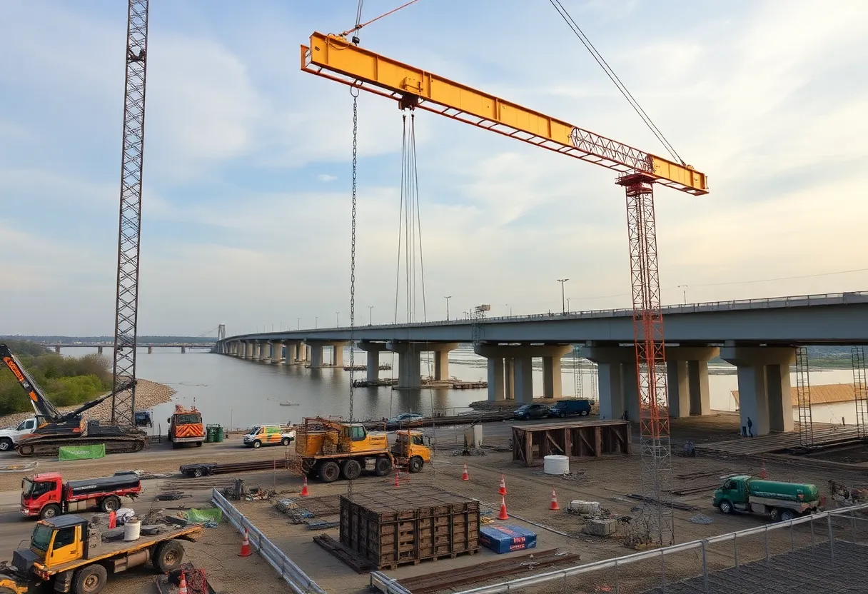 Construction of the Ohio River Bridges Project with support beam installation.