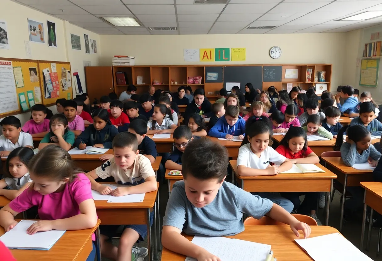 Overcrowded classroom in a middle school showing students engaged in learning activities.