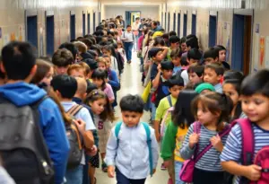 Students in a crowded school hallway at Manual High School