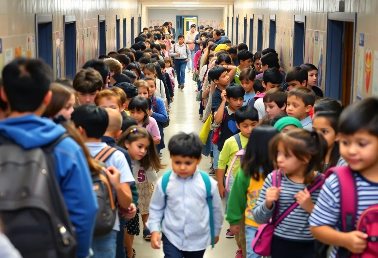 Students in a crowded school hallway at Manual High School