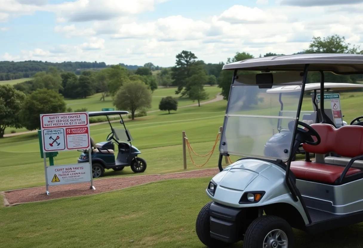 Rental golf carts at Oxmoor Golf Course with safety signage.
