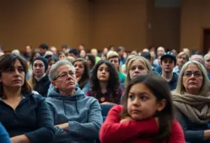 A large group of parents expressing concerns during a community meeting about JCPS boundary changes at Echo Trail Middle School.