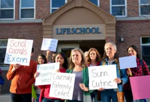 Parents protesting boundary changes outside Echo Trail Middle School