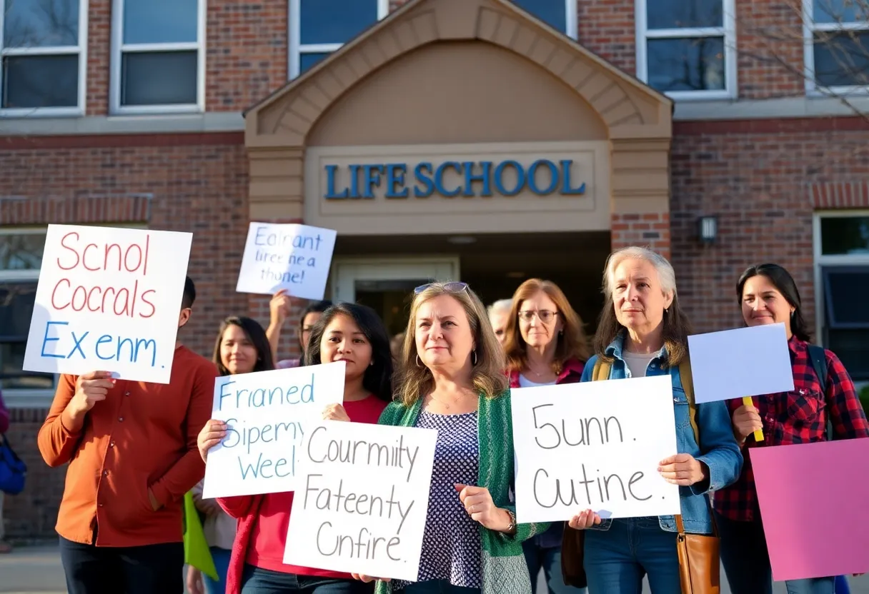 Parents protesting boundary changes outside Echo Trail Middle School