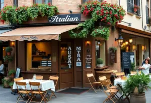 Pasta Garage restaurant front view with outdoor seating