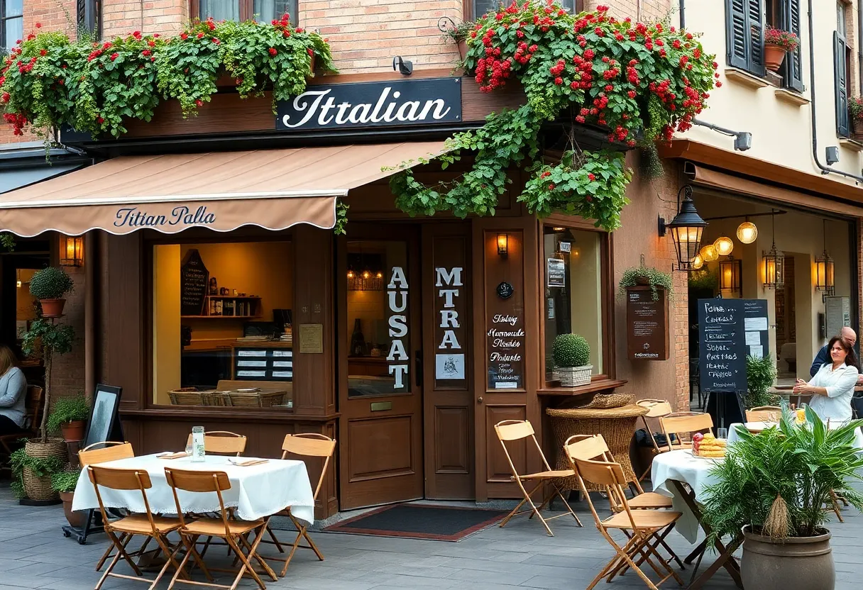 Pasta Garage restaurant front view with outdoor seating