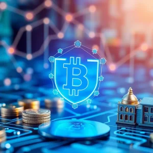 An abstract illustration representing blockchain security in the fintech sector.