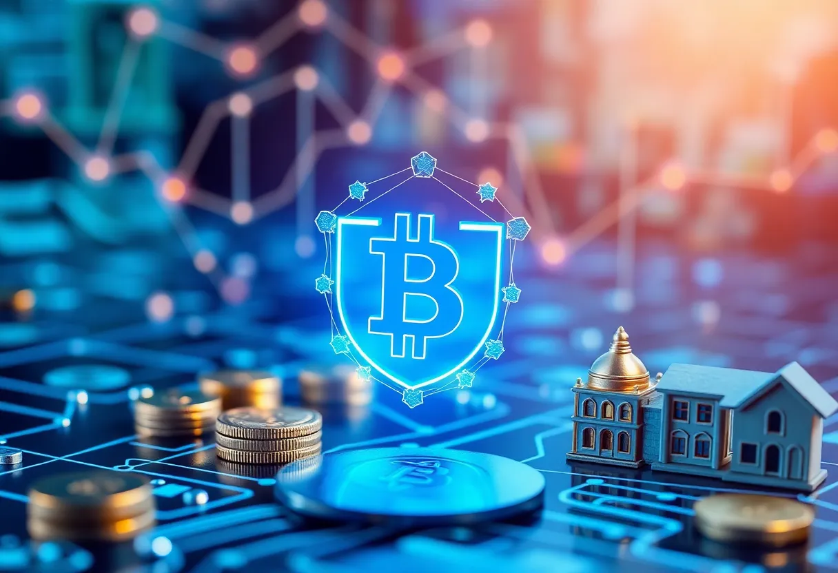 An abstract illustration representing blockchain security in the fintech sector.