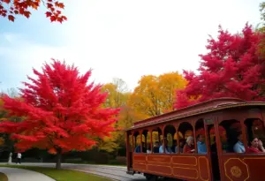 Colorful fall foliage with red maples and tram tour activity in Cherokee Park.