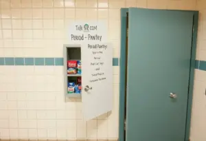 Period Pantry providing menstrual products in a school restroom