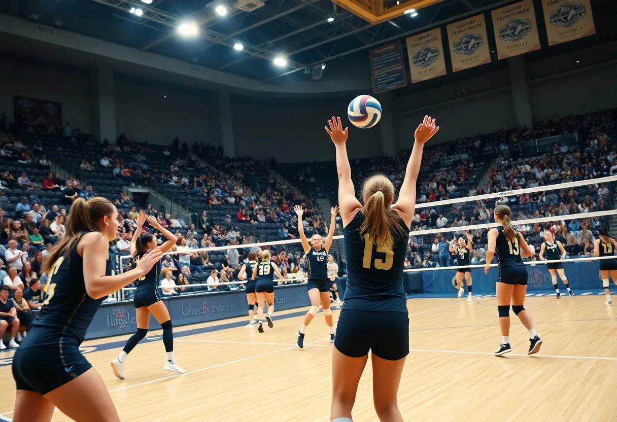 Pittsburgh women's volleyball team celebrating their victory over Louisville